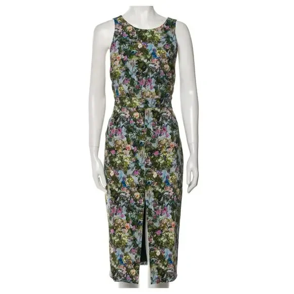 Cushnie Et Ochs Floral Print Midi Length Open Back Wiggle Green Dress Size 0 - Picture 4 of 13